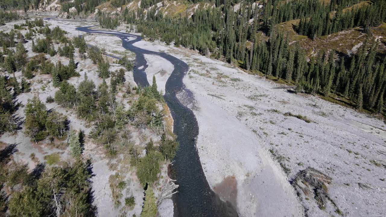 A valley with a narrow blue river meandering through it