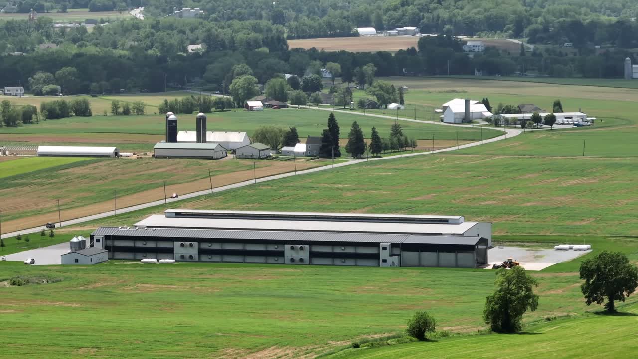 Aerial view of rural America with green fields, barns, silos and farm buildings on a sunny summer day. Peaceful countryside landscape. Wide shot. Driving cars on rural street. Zoom shot.