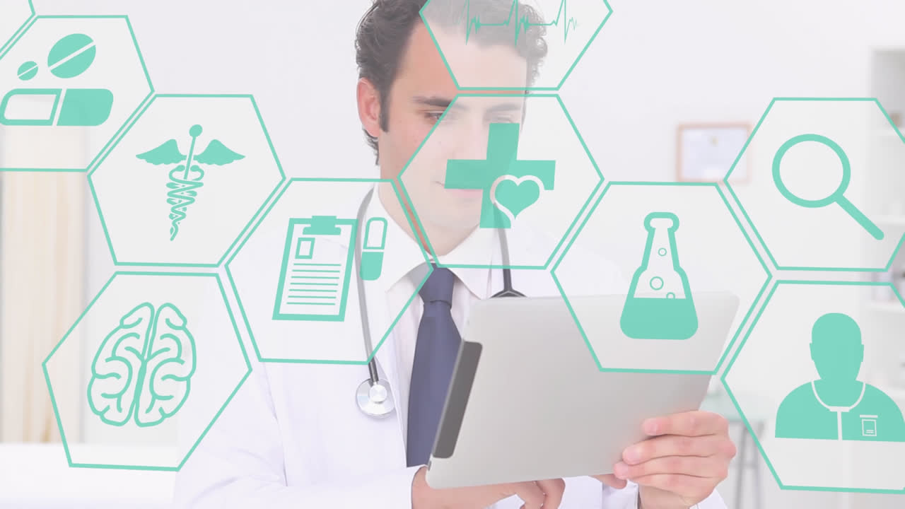 composición digital de múltiples iconos médicos contra un médico caucásico que usa una tableta digital