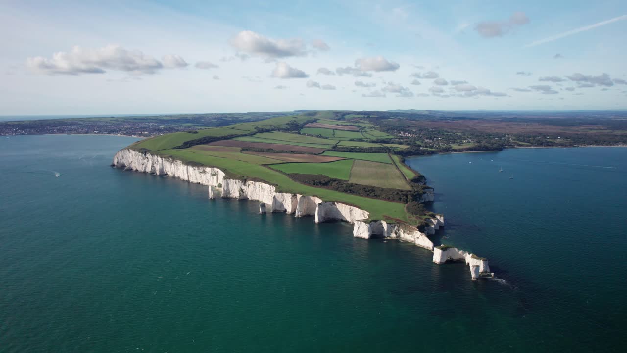 Stunning Aerial Orbit of Old Harry Rocks, White Chalk Cliffs of England's South Coast