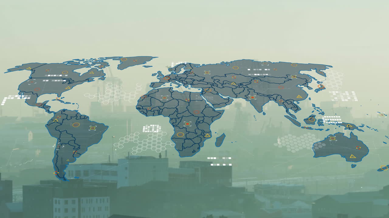World map with data points and network connections animation over cityscape