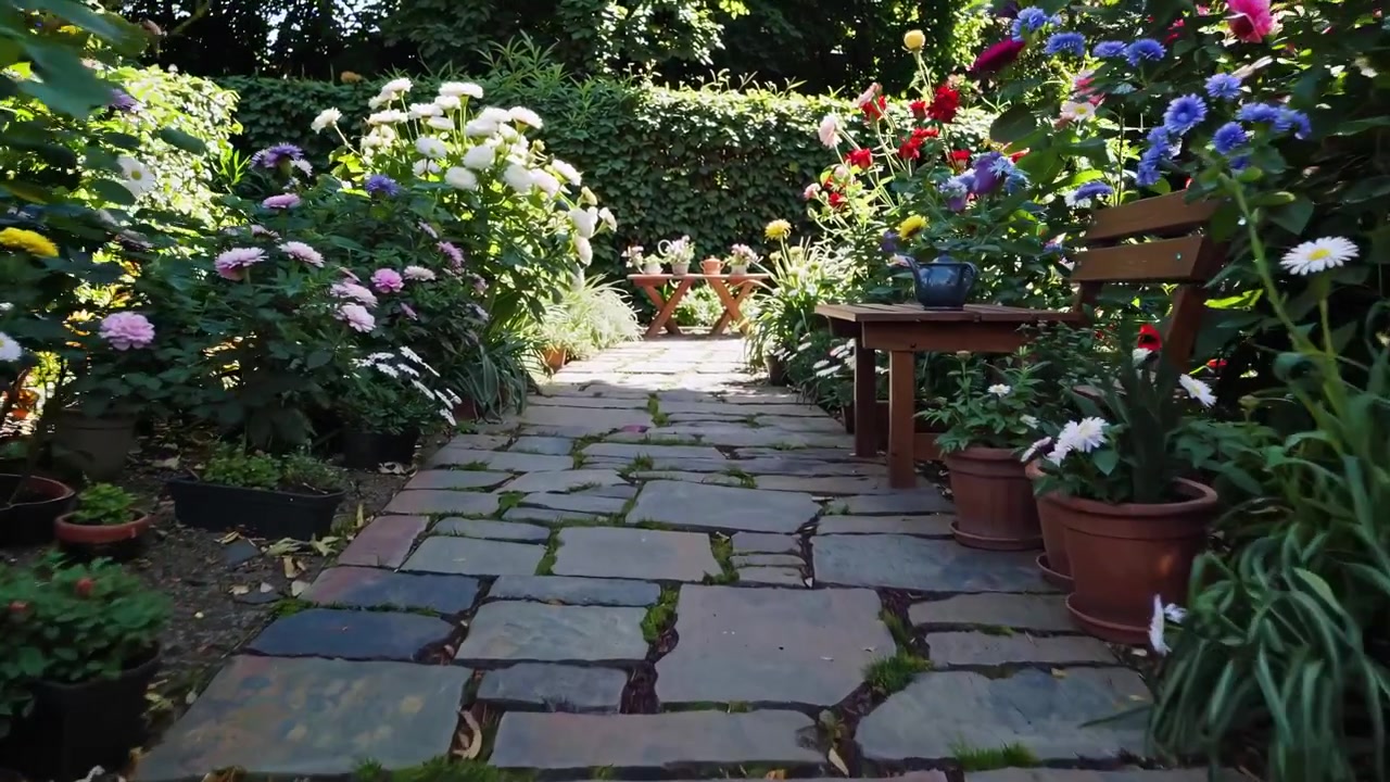 Sentiero lussureggiante in giardino bordato da fiori colorati e vegetazione