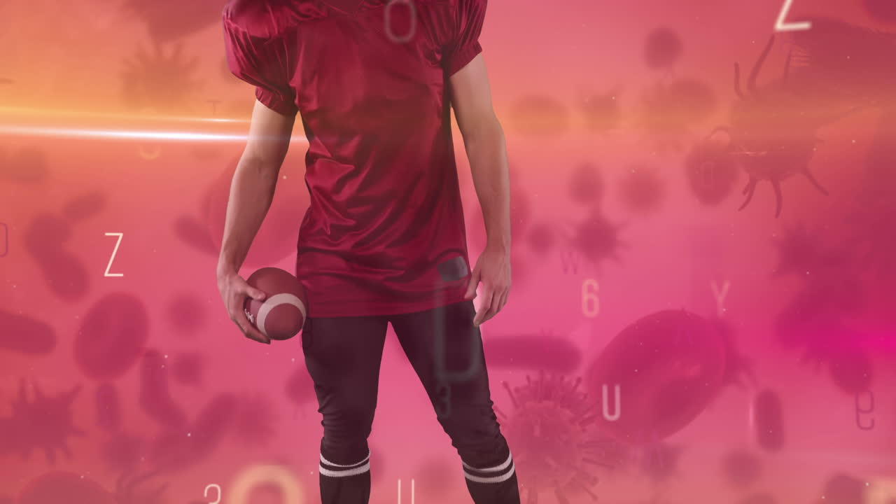 animación de letras cambiando y células de covid 19 sobre jugador de fútbol americano