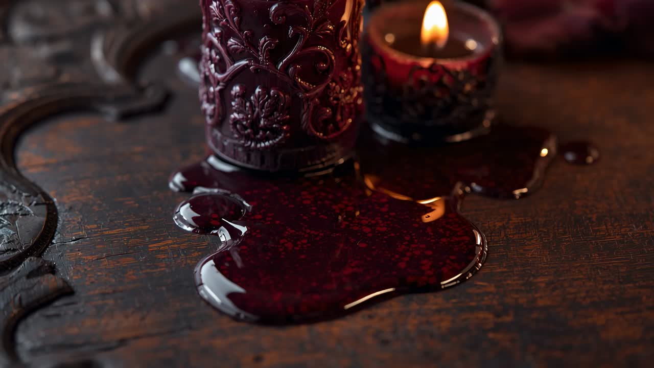 Recording carved burgundy pillar candle flickering on table with wax jar, showing wax pool growing