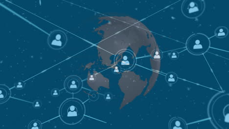 animación de iconos conectados, nevadas y globo giratorio sobre fondo azul