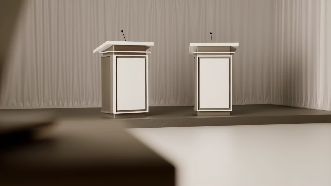 Empty Debate Stage with Two Podiums and Microphones