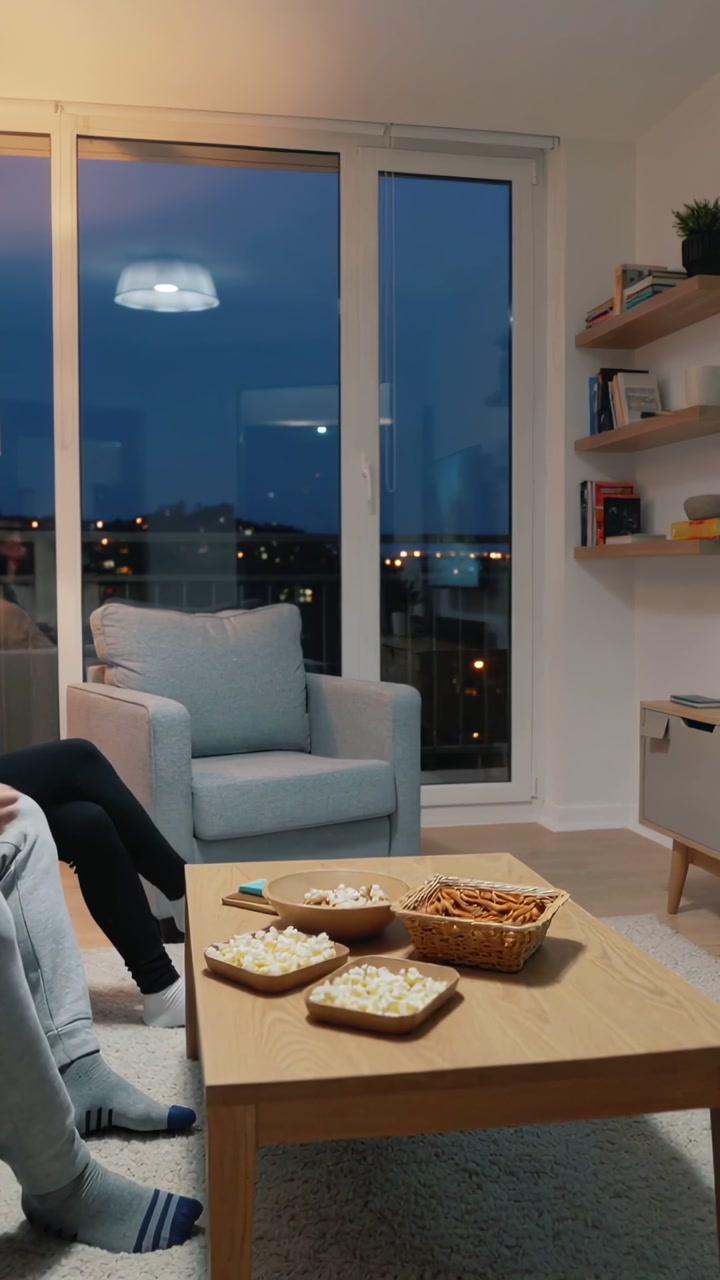 Vertical video: Spotting snacks, person in gray sweats reaching for coffee table bowls at home