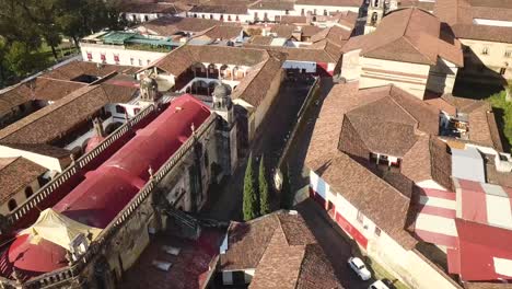 the city and main cathedral of patzcuaro mexico. shot on drone and flying over the city and cathedral