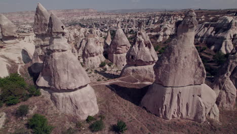 close aerial view of cappadocia's iconic fairy chimneys and rocky terrain