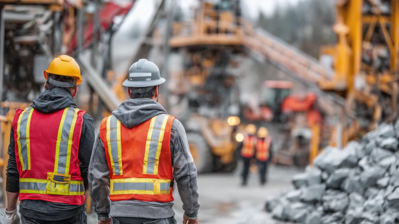Workers in Safety Gear Observe Heavy Machinery Operations at a Construction Site with Various Equipment and Stone Piles in the Background, Demonstrating Industry Dynamics