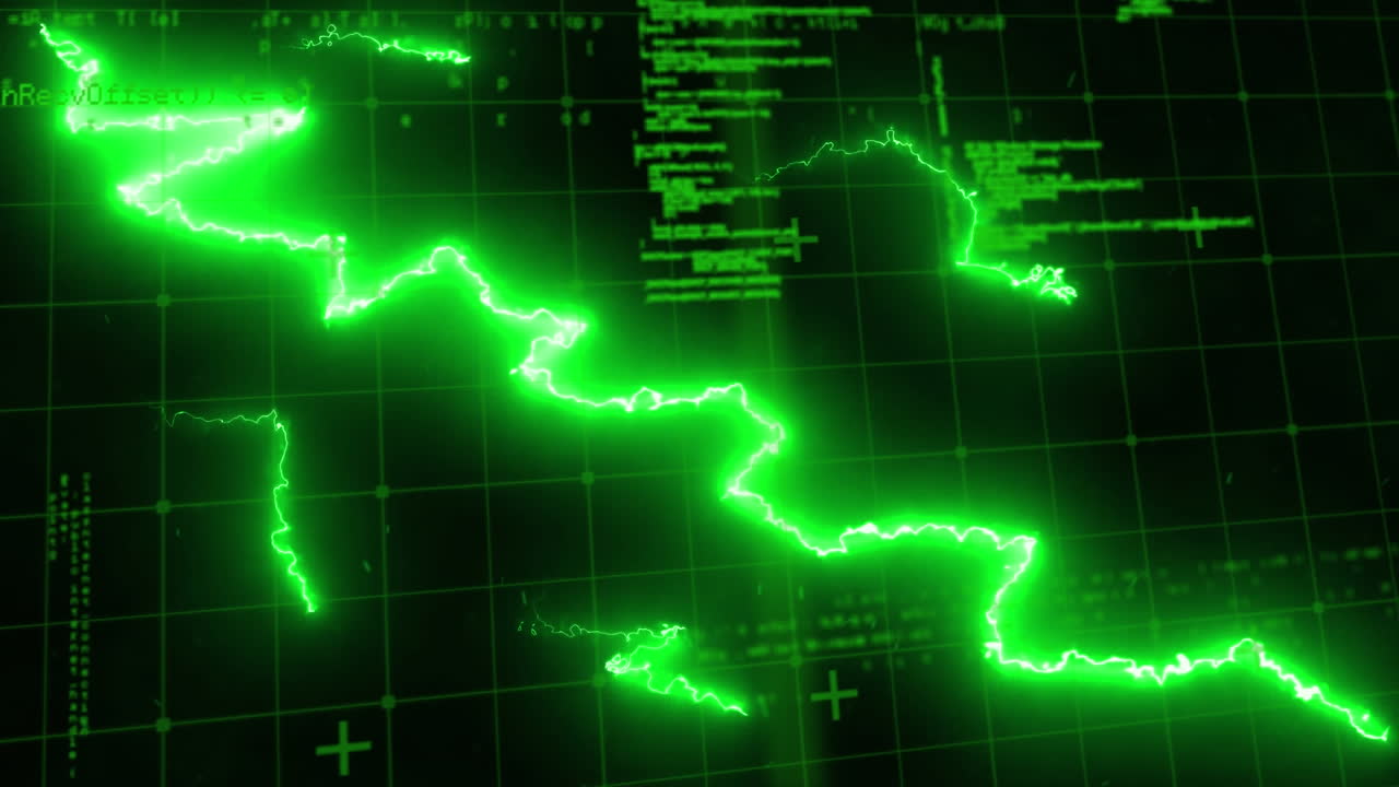 Animation of glowing green lightning flashes over information processing on dark screen