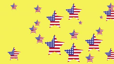 Animation-of-star-shaped-american-flags-moving-over-yellow-background