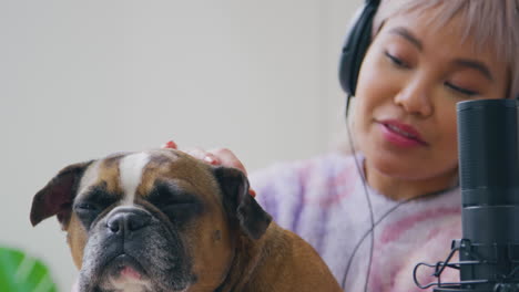 mujer con mascota bulldog francés grabación de podcast o transmisión en la radio en el estudio en casa