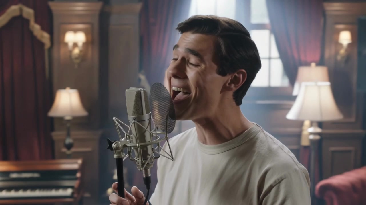 Taking breath, male vocalist wearing light crewneck singing into mic in music room, recording