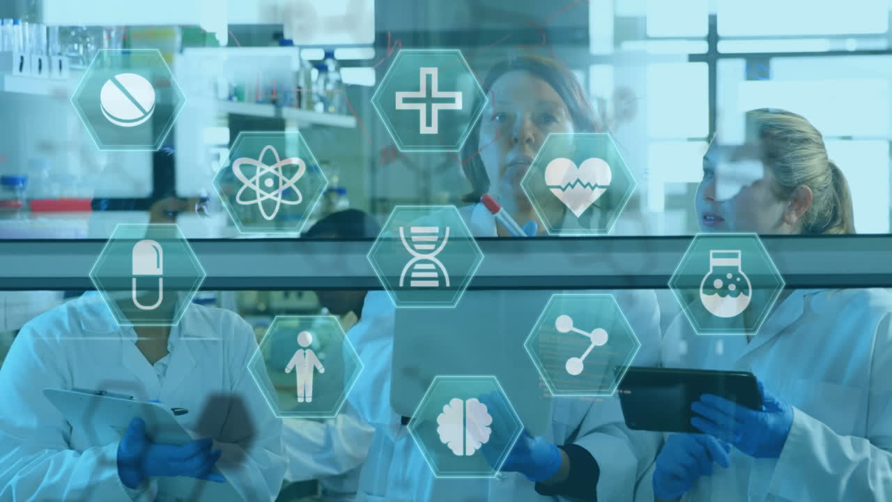 медицинские иконы против группы ученых, работающих в лаборатории