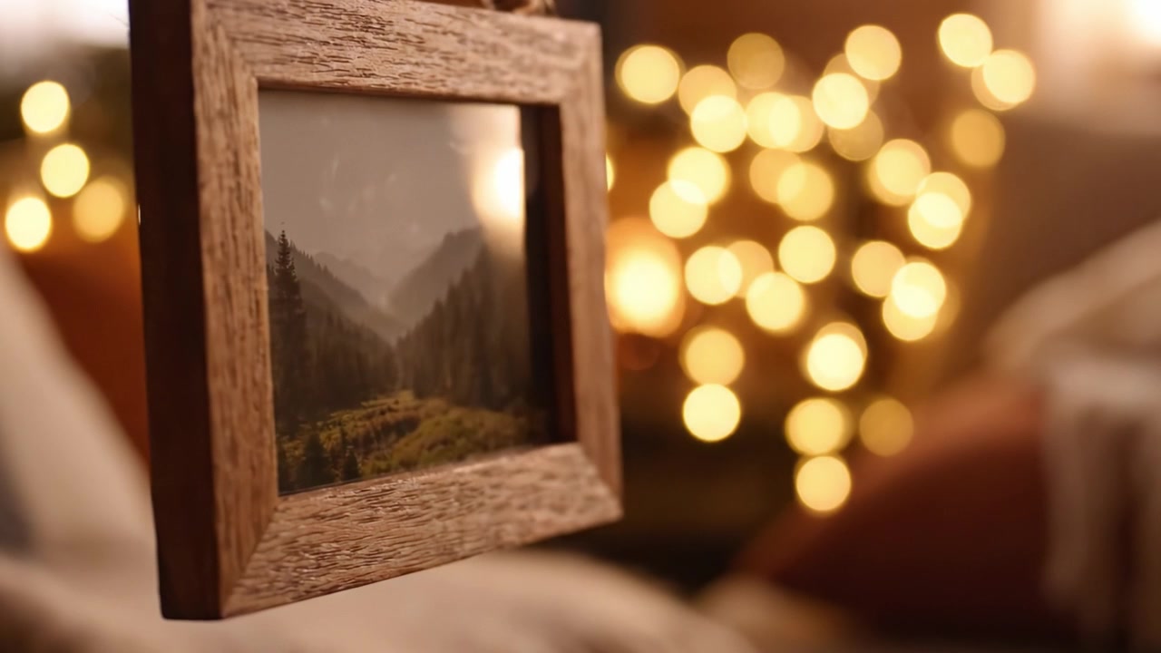 Capturing a Serene Landscape: A Framed View Over a Tranquil Valley Surrounded by Lush Mountains and Soft Bokeh Lighting, Perfect for Cozy Settings