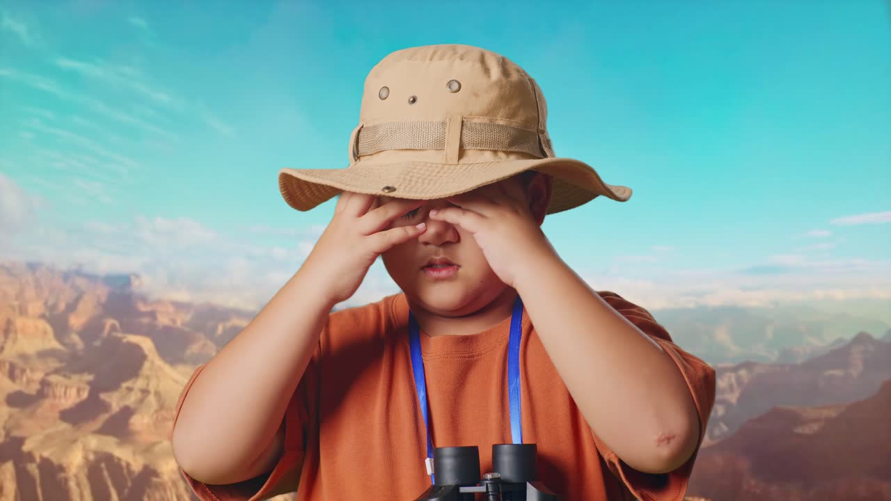 Asian Boy With A Hat Having A Headache After Looking Through The Binoculars. Boy Researcher Examines Something While Traveling At The Top Of Mountain, Travel Tourism Adventure Concept, Close Up