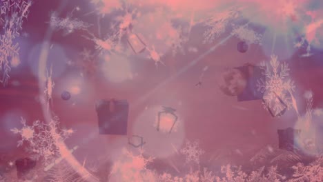 Animation-Von-Weihnachtsgeschenken,-Bällen-Und-Schnee,-Der-über-Bokeh-Hintergrund-Mit-Rotfilter-Fällt