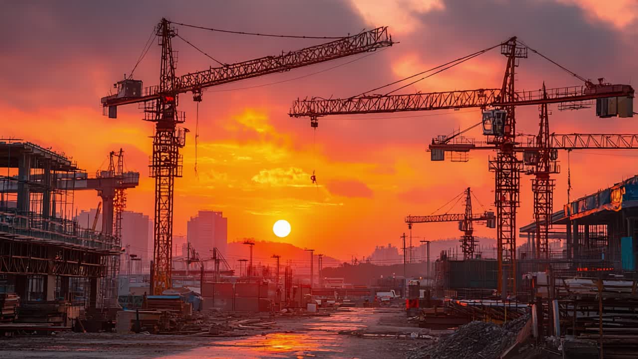 Dramatic Urban Skyline: Construction Cranes Silhouetted Against a ...