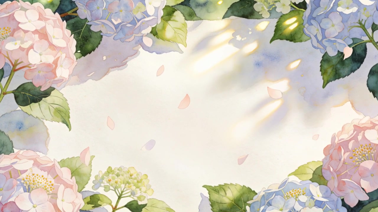 Sunlight appearing, hydrangeas releasing pale petals drifting into cream center with breeze