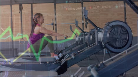 animación de datos en el gráfico sobre la mujer biracial entrenando en la máquina de remo en el gimnasio
