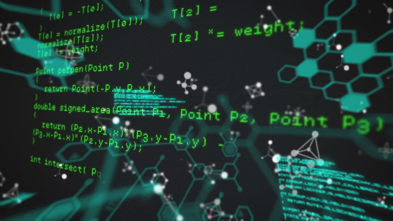 Animation of computer and scientific data processing on black background