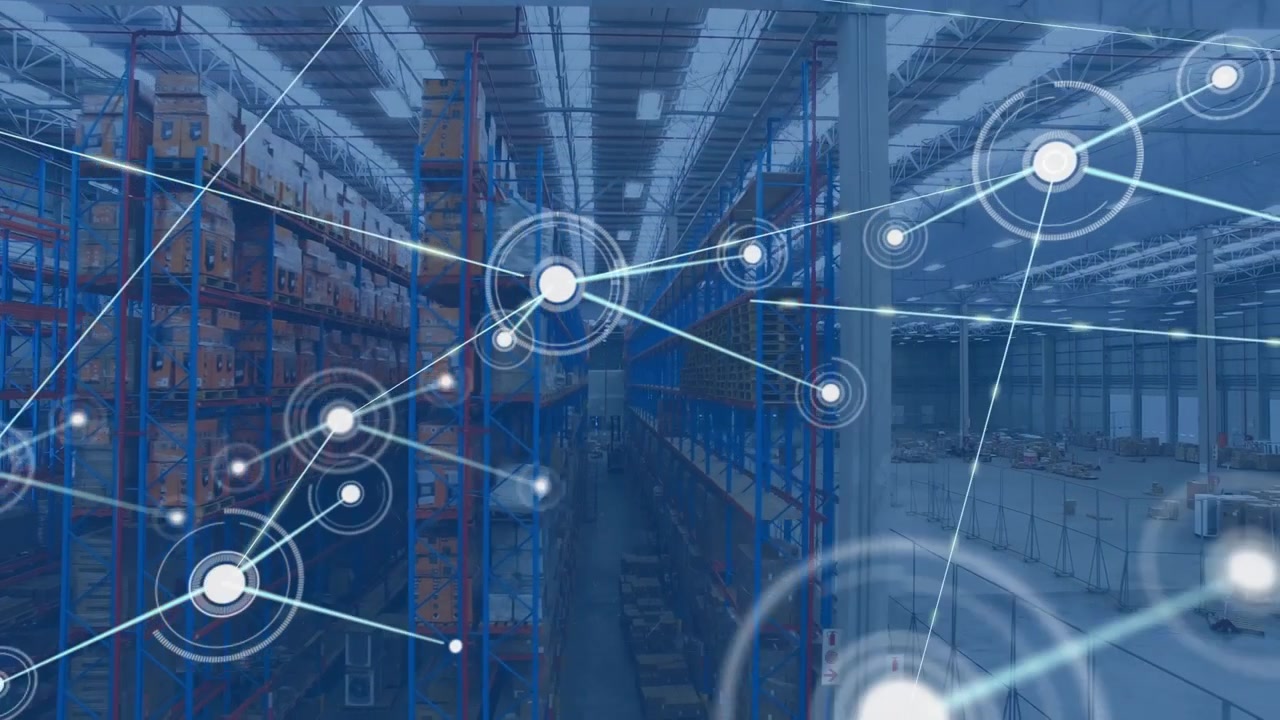 Animation of network of connections with icons over wearhouse