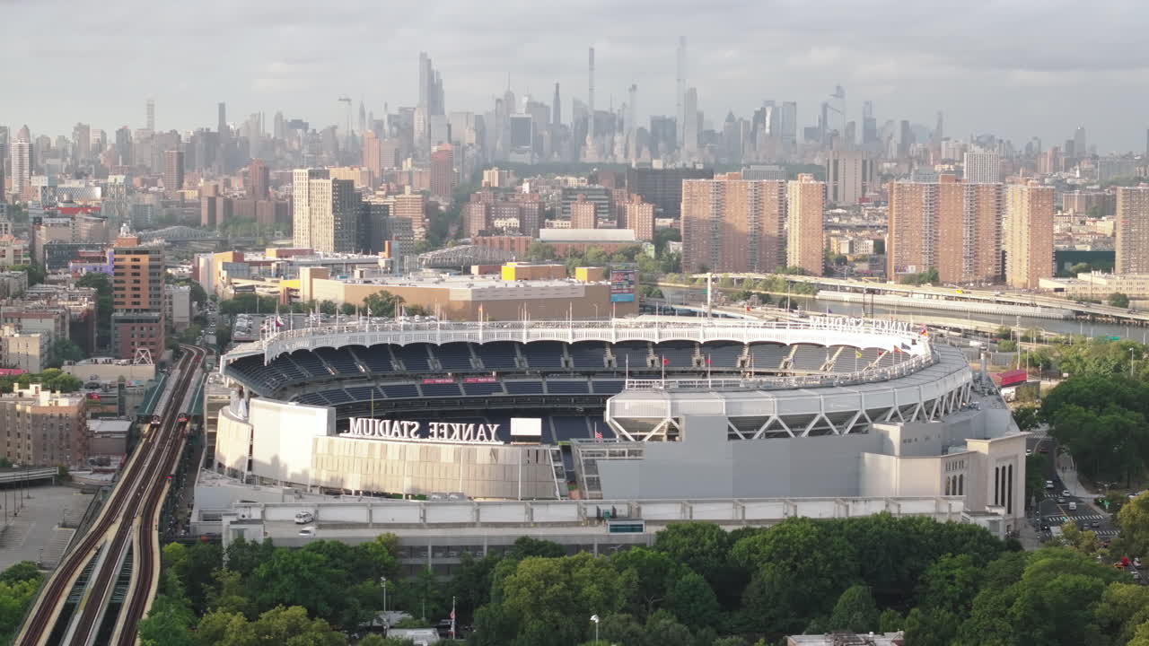Aerial view of the subway in The Bronx. Shot on an overcast morning in New York City.