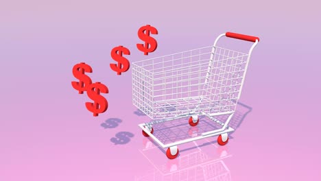 carrito de compras blanco y signos de dólares en un fondo rosa, rotación.