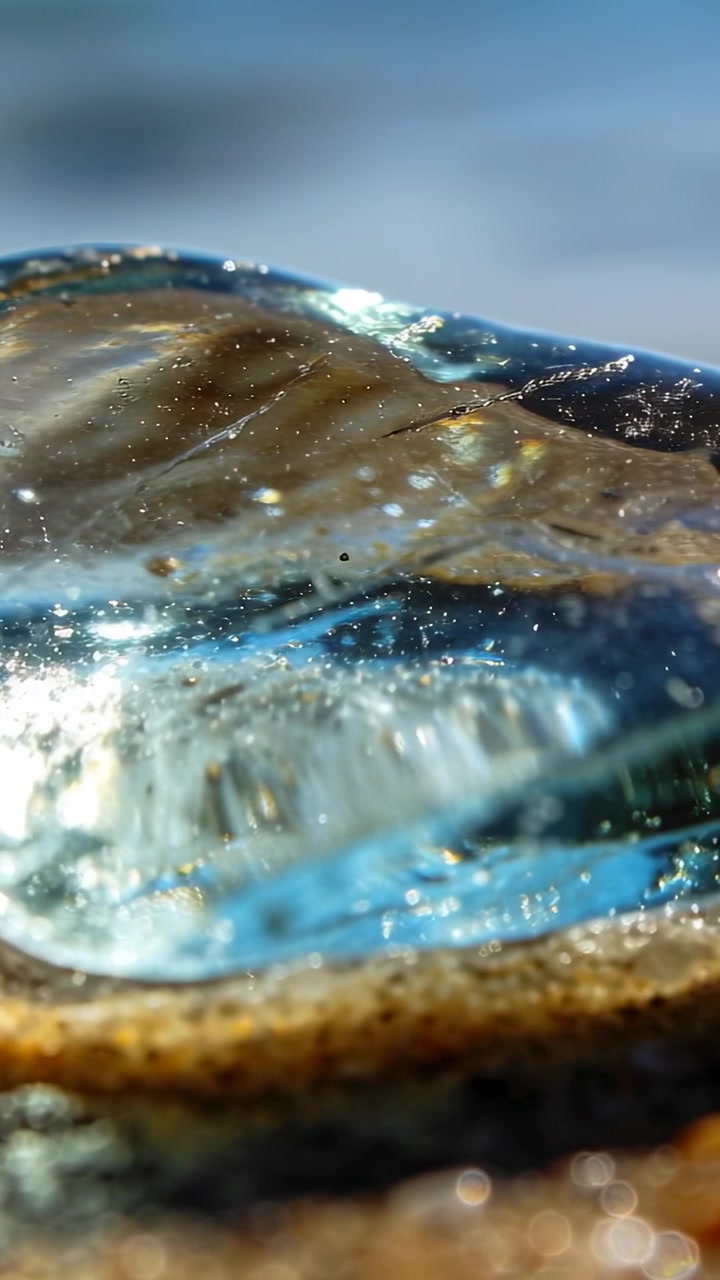Video verticale: Telecamera che si sposta e luce solare che rivela un frammento di vetro blu sulla sabbia, mostrando bolle.