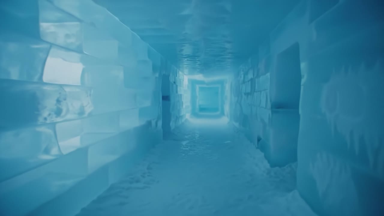 A Mysterious Ice Corridor Illuminated by Bright Light and Surrounded by Smooth Ice Walls, Creating an Enigmatic and Translucent Atmosphere in a Winter Wonderland