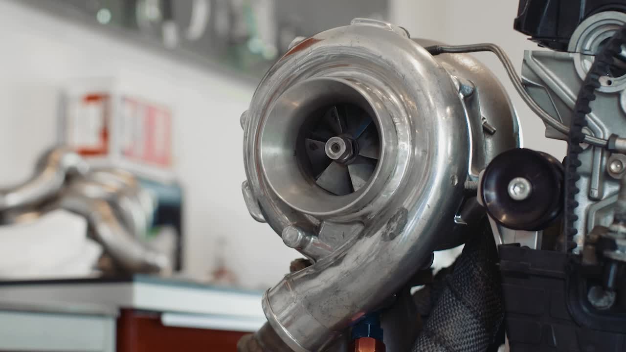 pan en un gran turbocompresor montado en un motor de carrera medio terminado