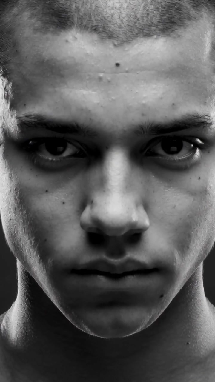 Vídeo vertical: Reagindo a uma deixa, modelo masculino fazendo mudanças faciais em retrato de estúdio, ombros nus