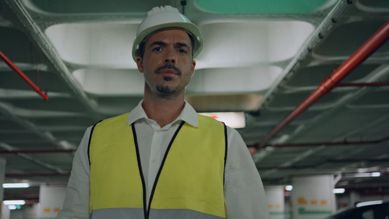 Closeup latin builder looking camera at parking architecture background place