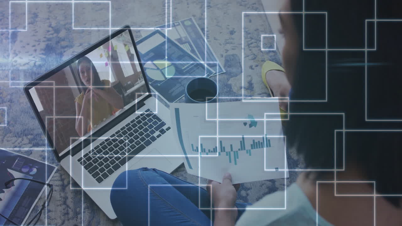 Analyzing charts on video call, person using animation for digital data