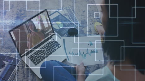 Analyzing charts on video call, person using animation for digital data