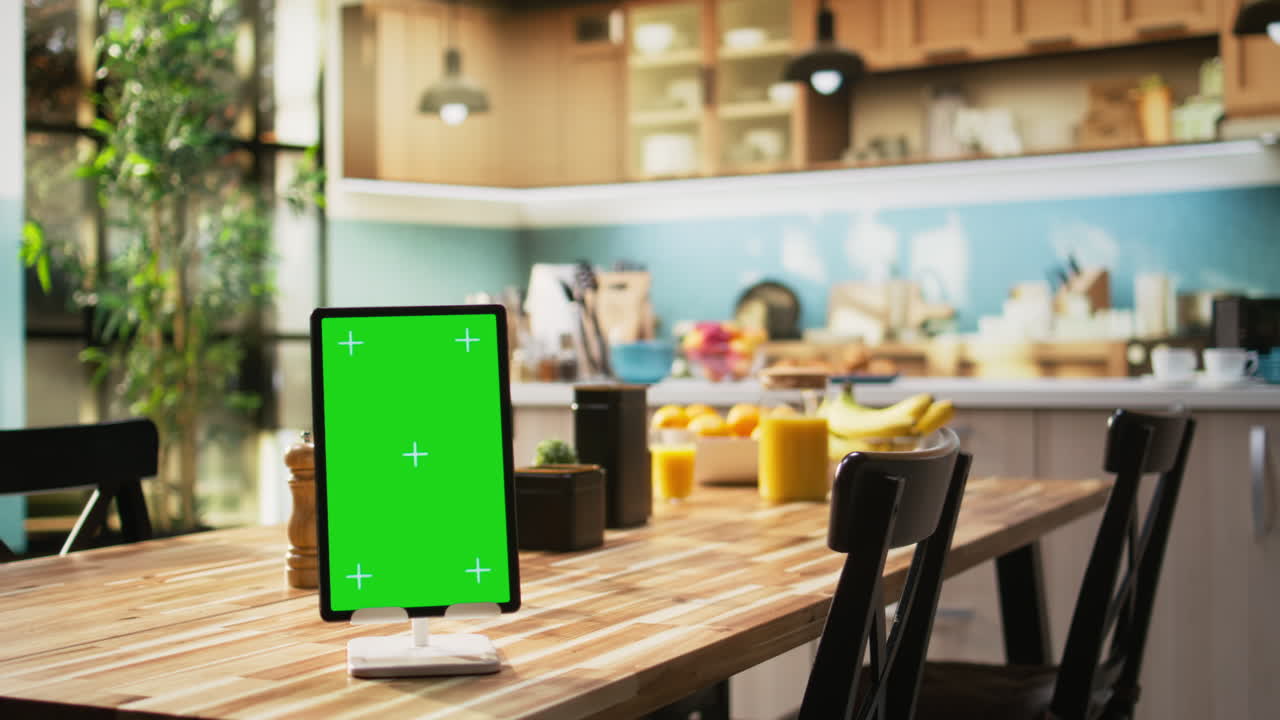 Vertical chroma key on tablet screen in empty stylish kitchen table