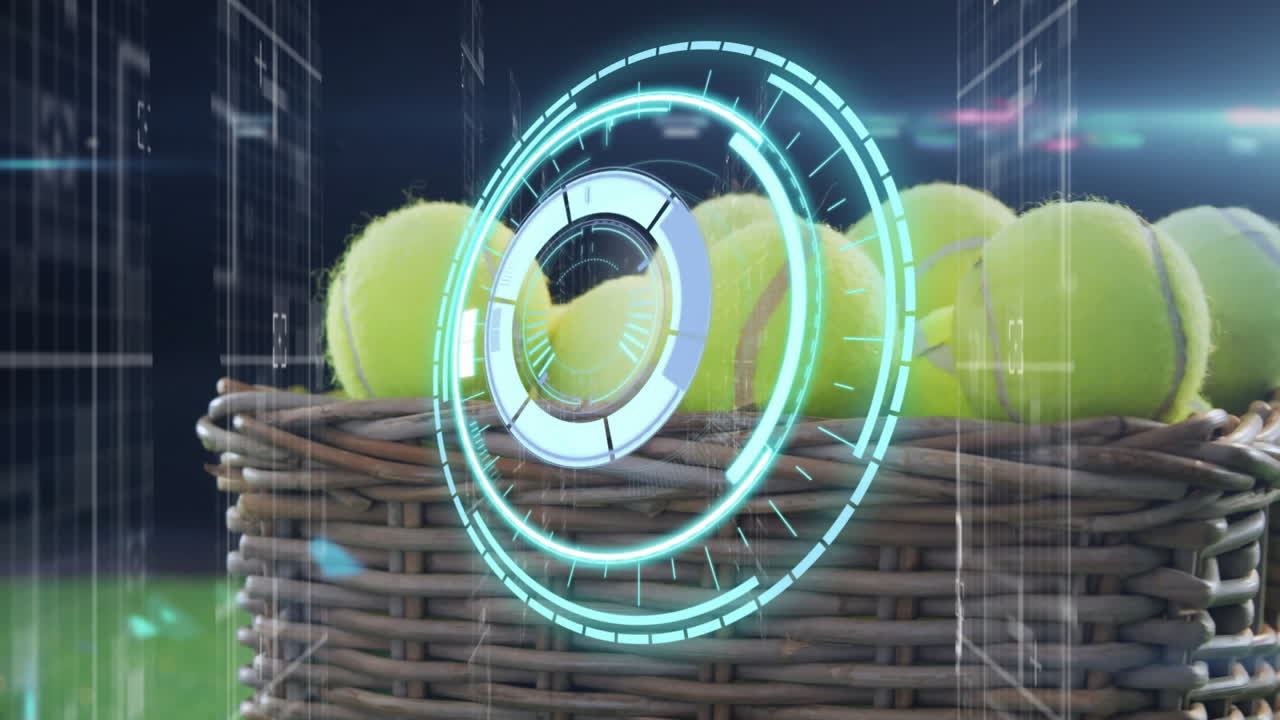Wicker basket showing glowing tennis balls and rotating turquoise HUD above neon green ground plane