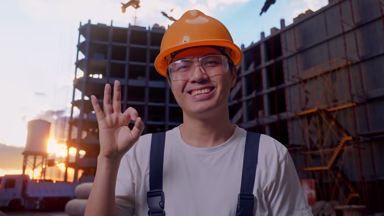 Asian Man Worker Showing Okay Gesture To Camera At Construction Site
