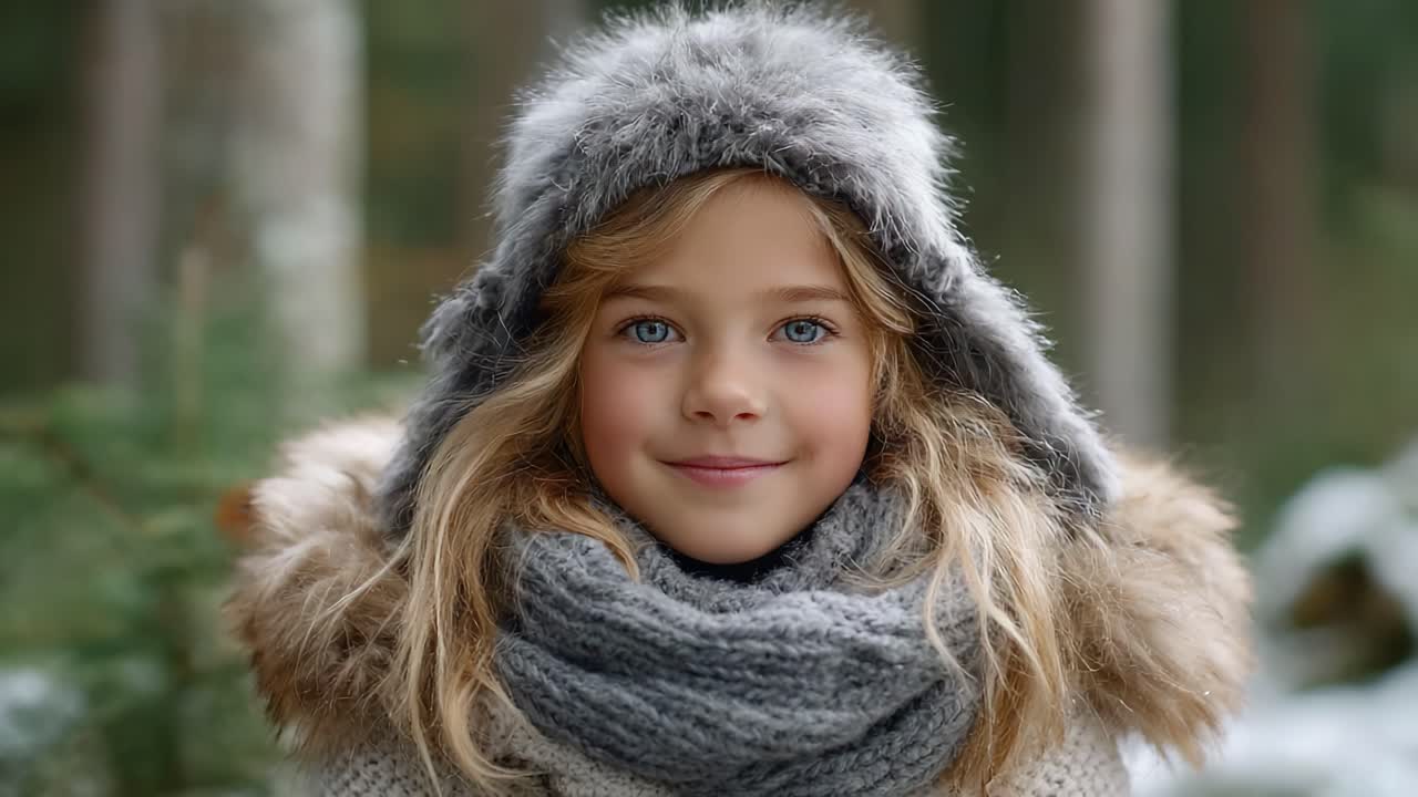 Charming Winter Portrait of a Young Girl with Bright Blue Eyes, Cozy Hat, and Scarf Set Against a Serene Forest Background Filled with Natural Beauty