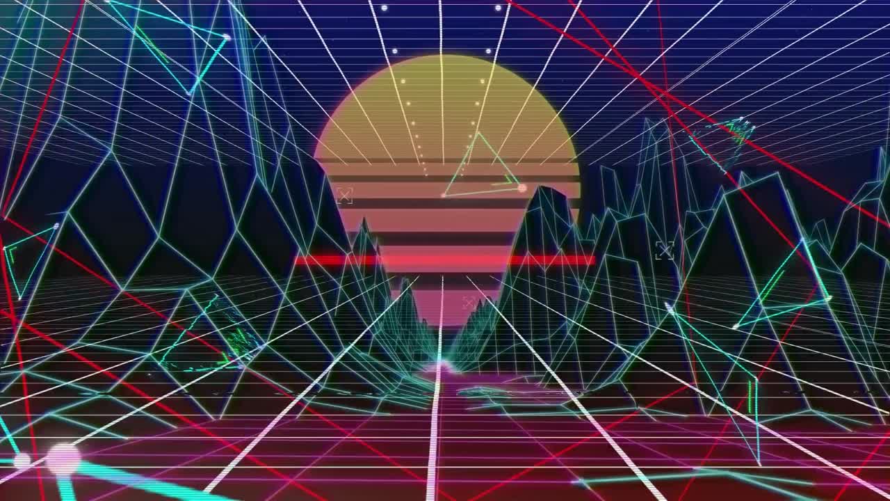 animación de formas en movimiento sobre montañas digitales y sol