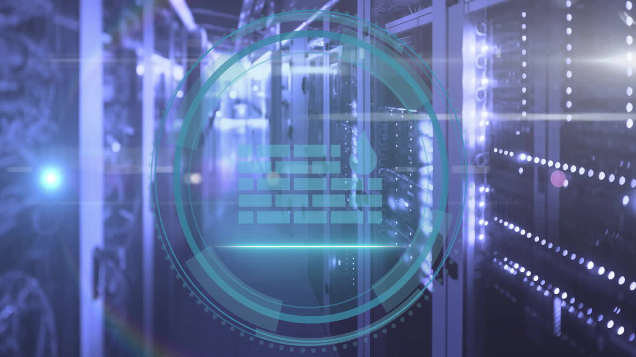 Animation of fire wall icon and digital data processing over computer servers