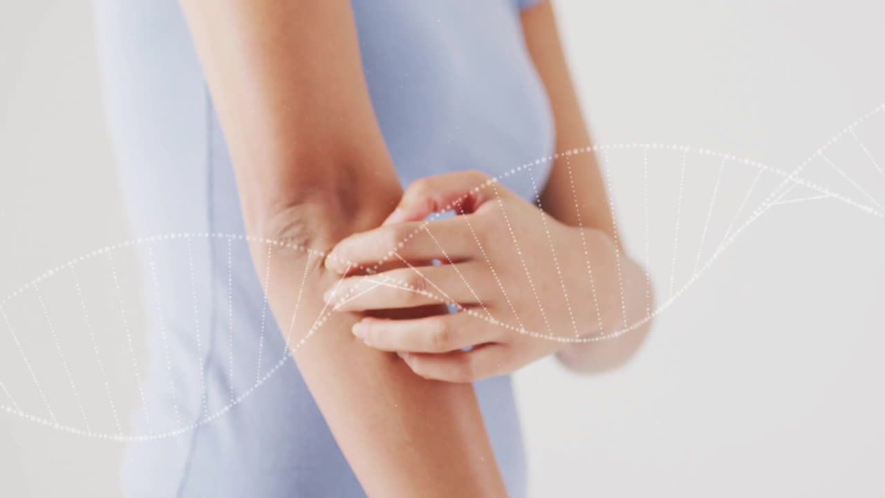 Animation of dna strand over african american woman scratching her arm