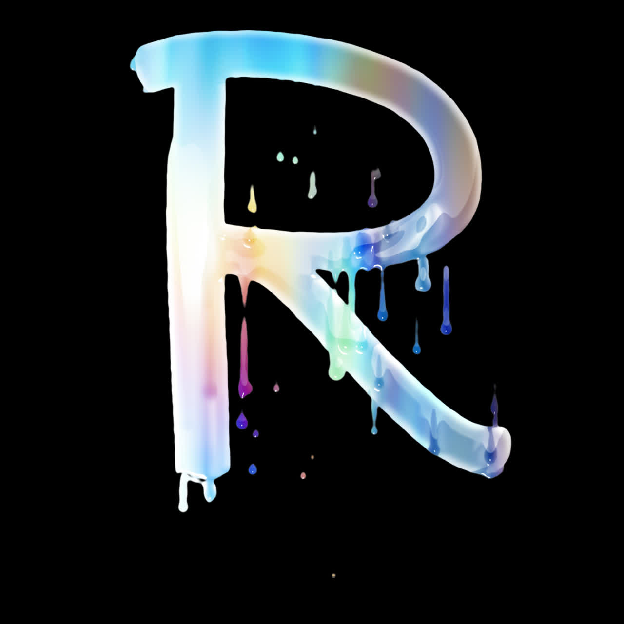 Lettera R animata e iridescente che gocciola su sfondo nero
