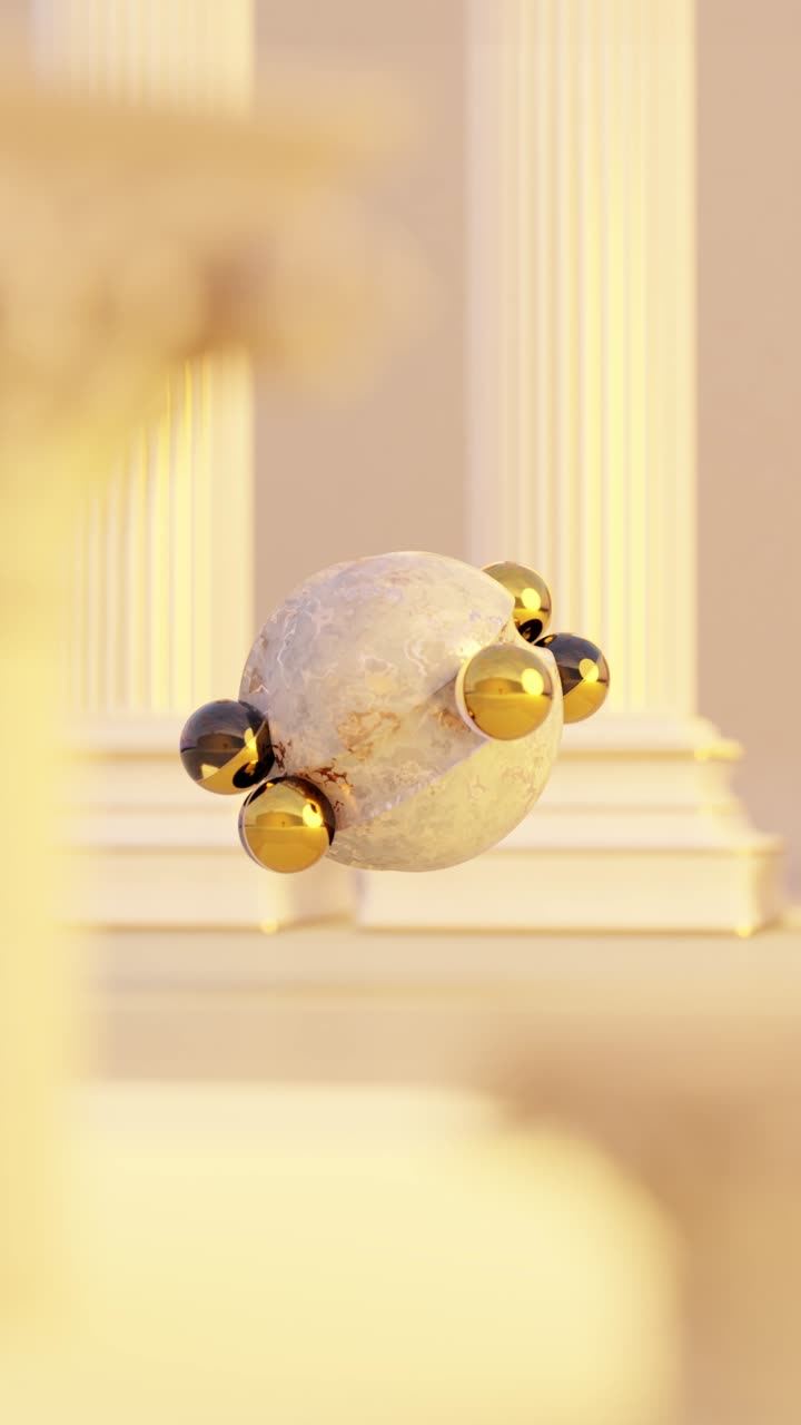 3D rendering of small shiny balls rotating on sphere near columns