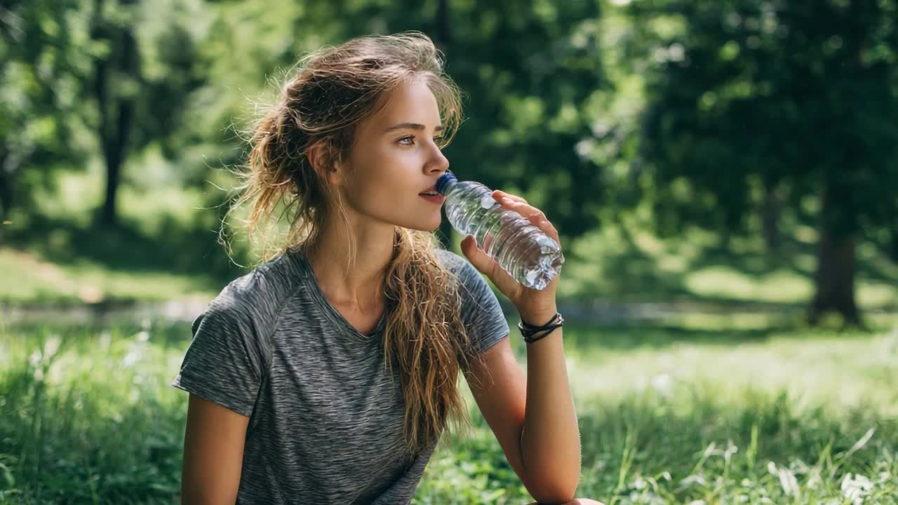Young woman drinks water while resting in a green park
