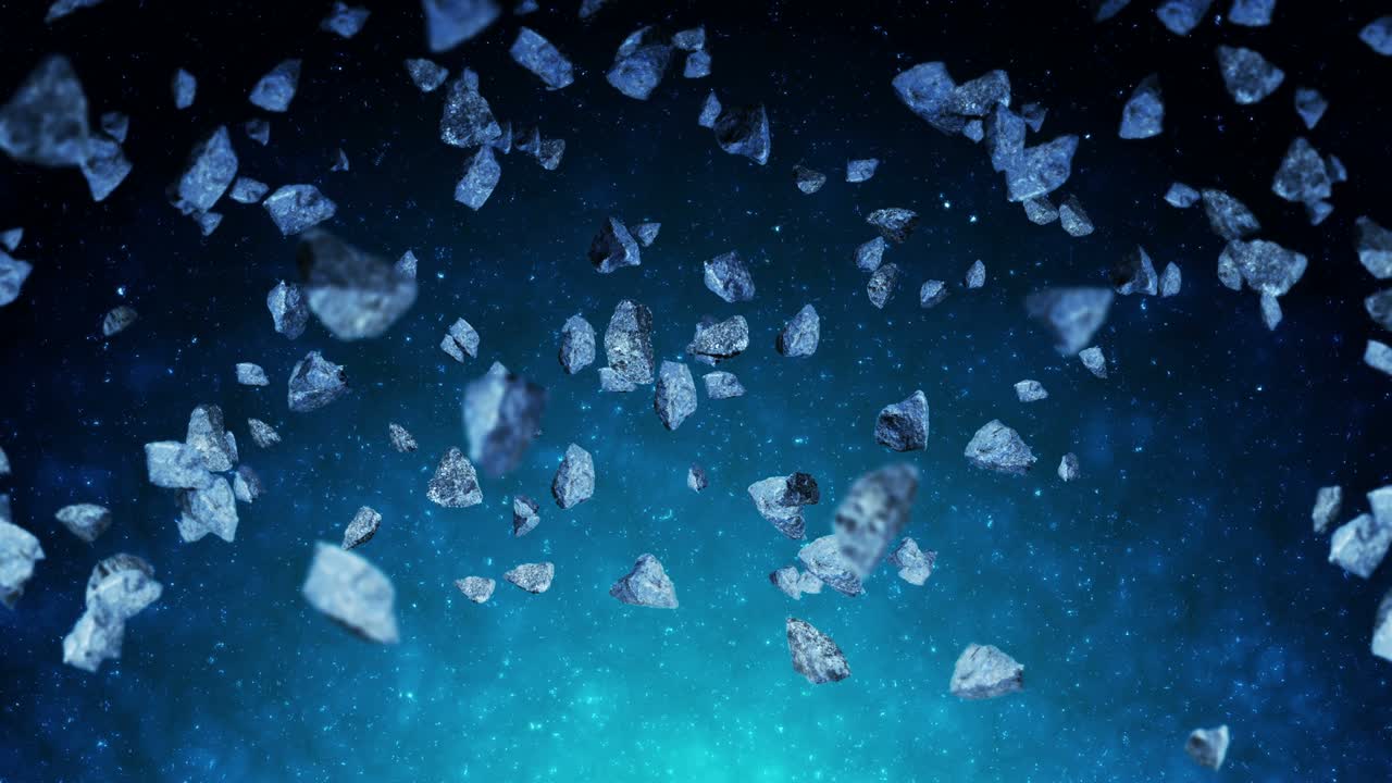 깊은 우주 배경에서 많은 소행성을 날아. 깨진 스플래시 폭발. 별빛 하늘. 돌고 있는 운석의 3d 애니메이션. 루프 애니메이션.