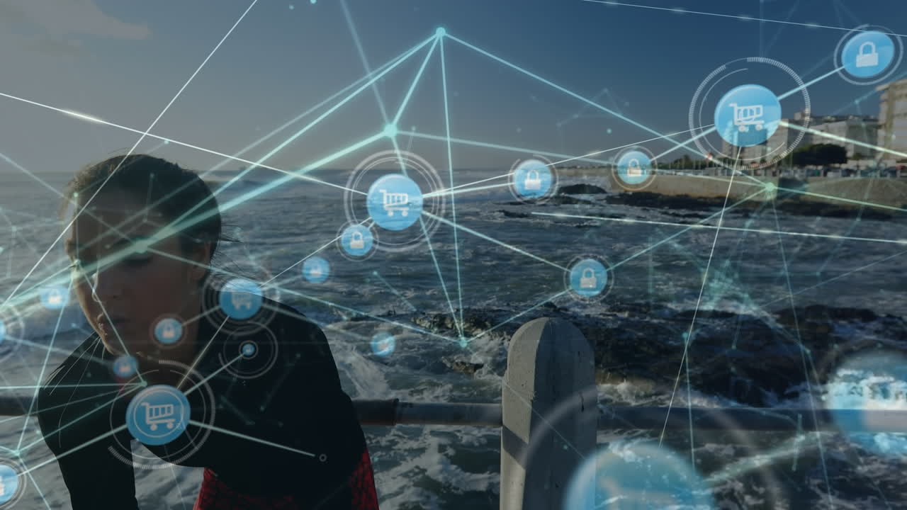 animación de la red de conexiones con iconos sobre la mujer caucásica corriendo