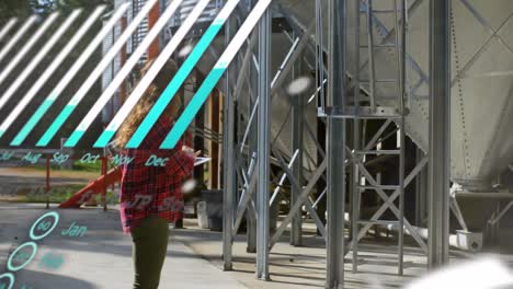 animation of graphs and data over caucasian woman in front of building