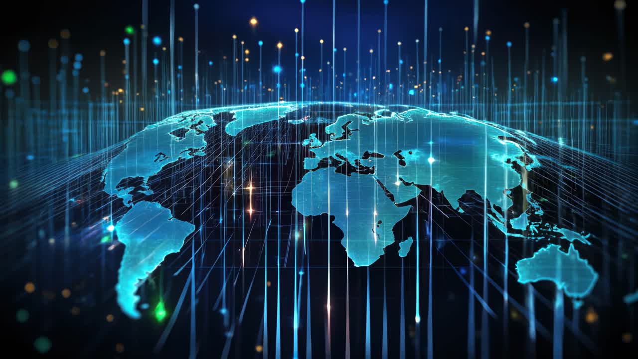 Futuristic video concept of a glowing digital world map. Aerial angle with vertical lines and light